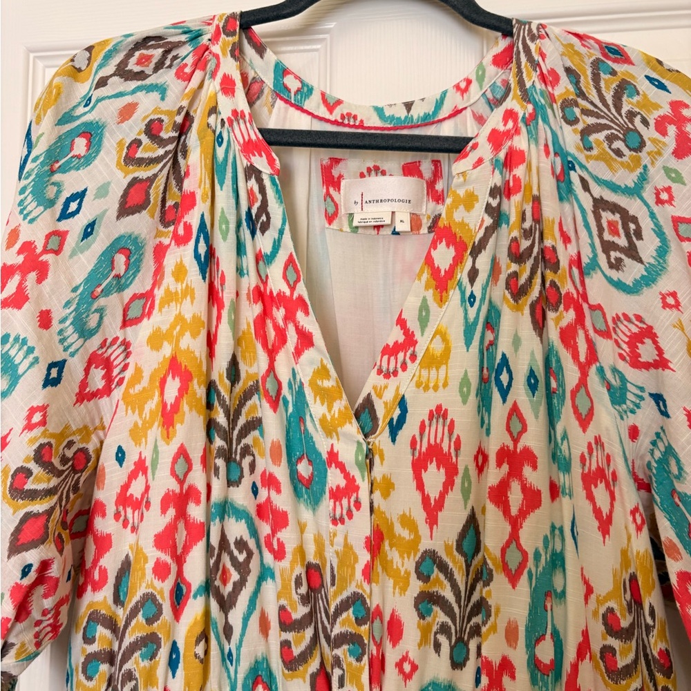Anthropologie Multicolor Ikat Maxi Dress - Teal, Pink, Yellow - Picture 2 of 12